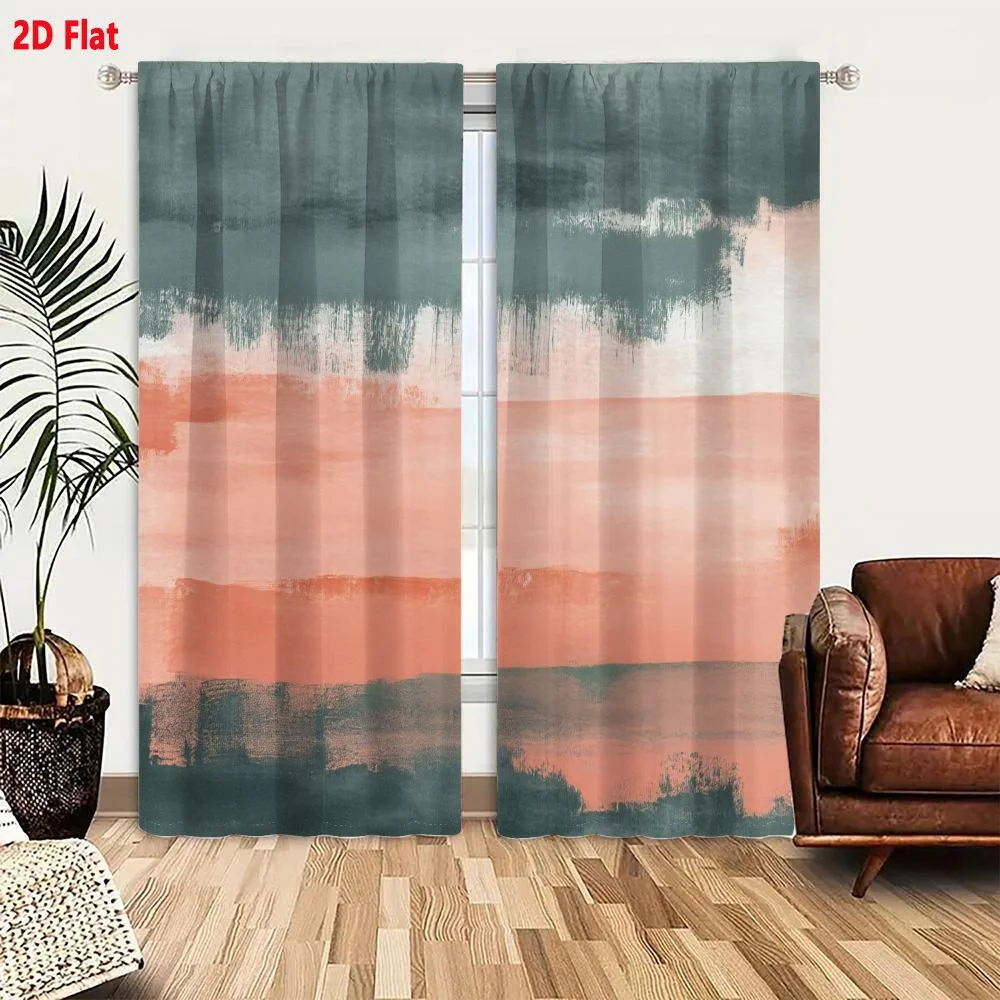 2Pcs Curtains 2D Flat Abstract Artwork Featuring Horizontal Brushstrokes With Charcoal Gray Slate Blue And Dusty Coral Pink Hues