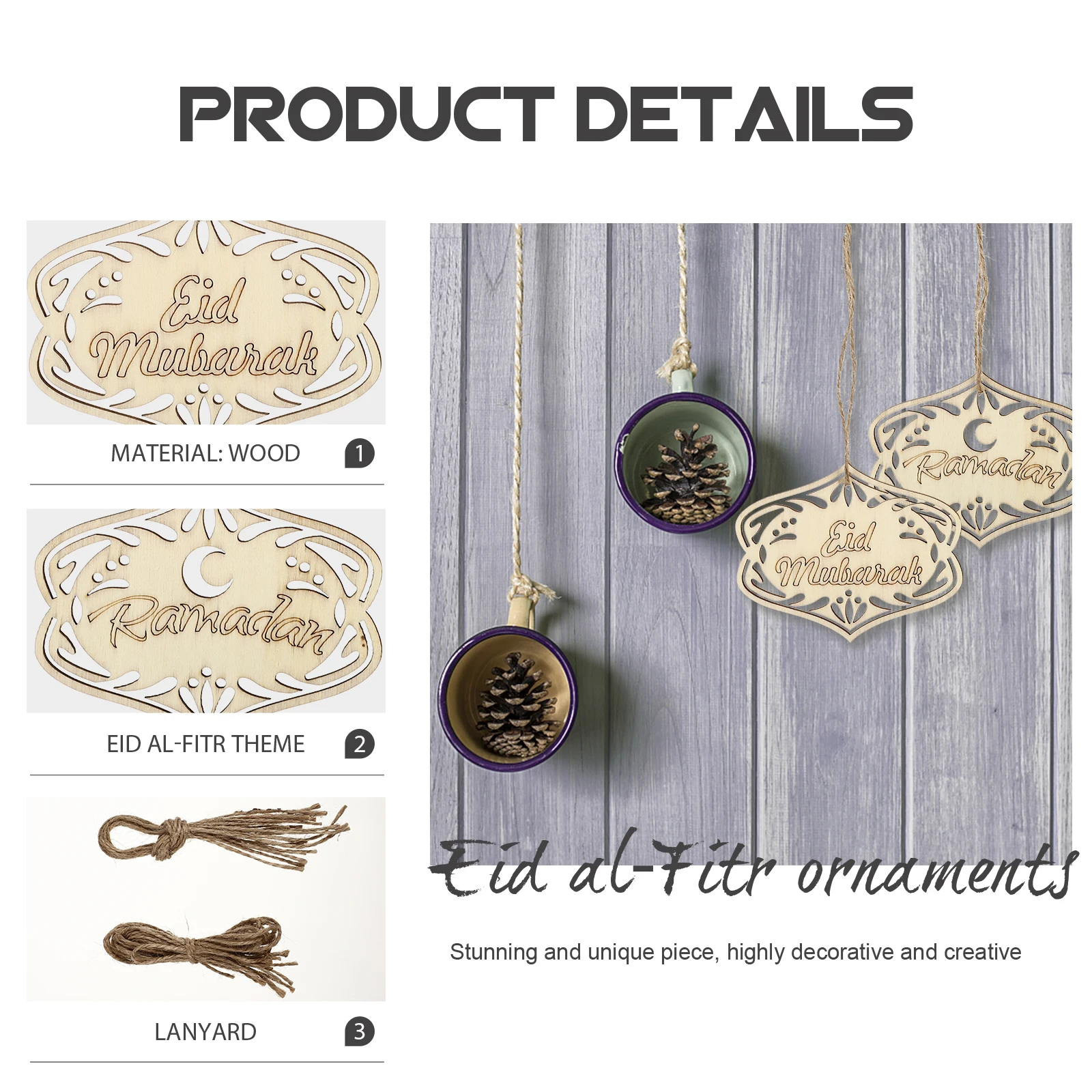 

20pcs Wooden Eid Decoration Hanging Ornaments For Home Party Desktop Wall Holiday Muslim Festival Crafts Pendant