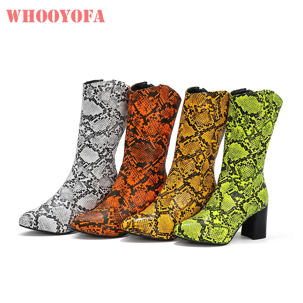 

Новые зимние удобные белые, желтые женские ботинки до середины икры, женская повседневная обувь на высоком квадратном каблуке, большие размеры 11,3, 45, 48