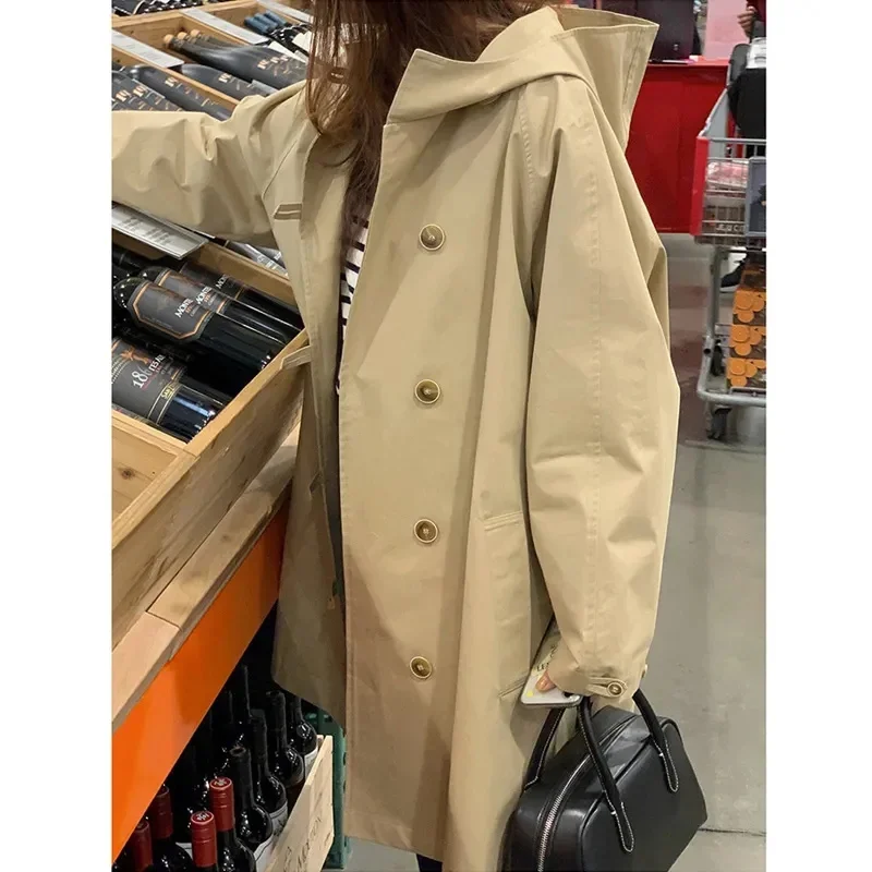 Women Khaki Trench Coat Spring Autumn Casual Loose Hooded Windbreaker Ladies Korean Fashion All-Match Outerwear Feamle Jacket