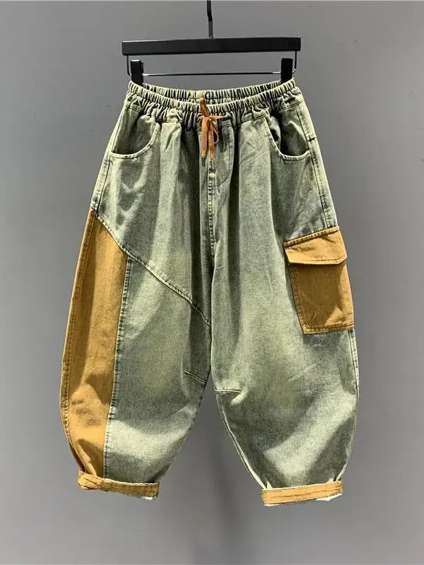 

Мужские летние джинсы-харланы большого размера 300 Pou в винтажном стиле, с эффектом потертости, пэчворк, свободные, повседневные, широкие штанины, американский стиль