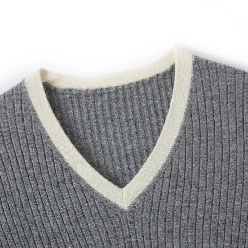 Spring and Summer New Worsted 100% Pure Wool Knitted T-Shirt Ladies V-Neck Contrast Short-Sleeved Shirts Slim High-End Thin Tops