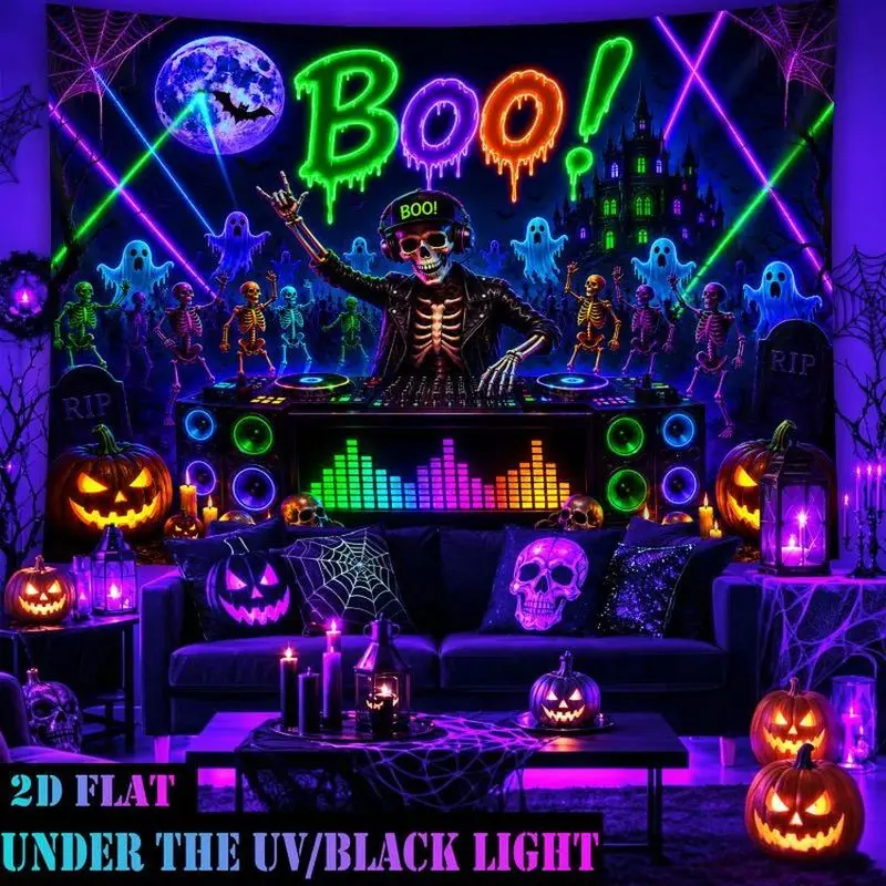 VIKAMA Neon Halloween Skeleton DJ Tapestry Boo Ghost Pumpkin Polyester Wall Hanging Bedroom Dorm Living Room Cosmic Retro Soft