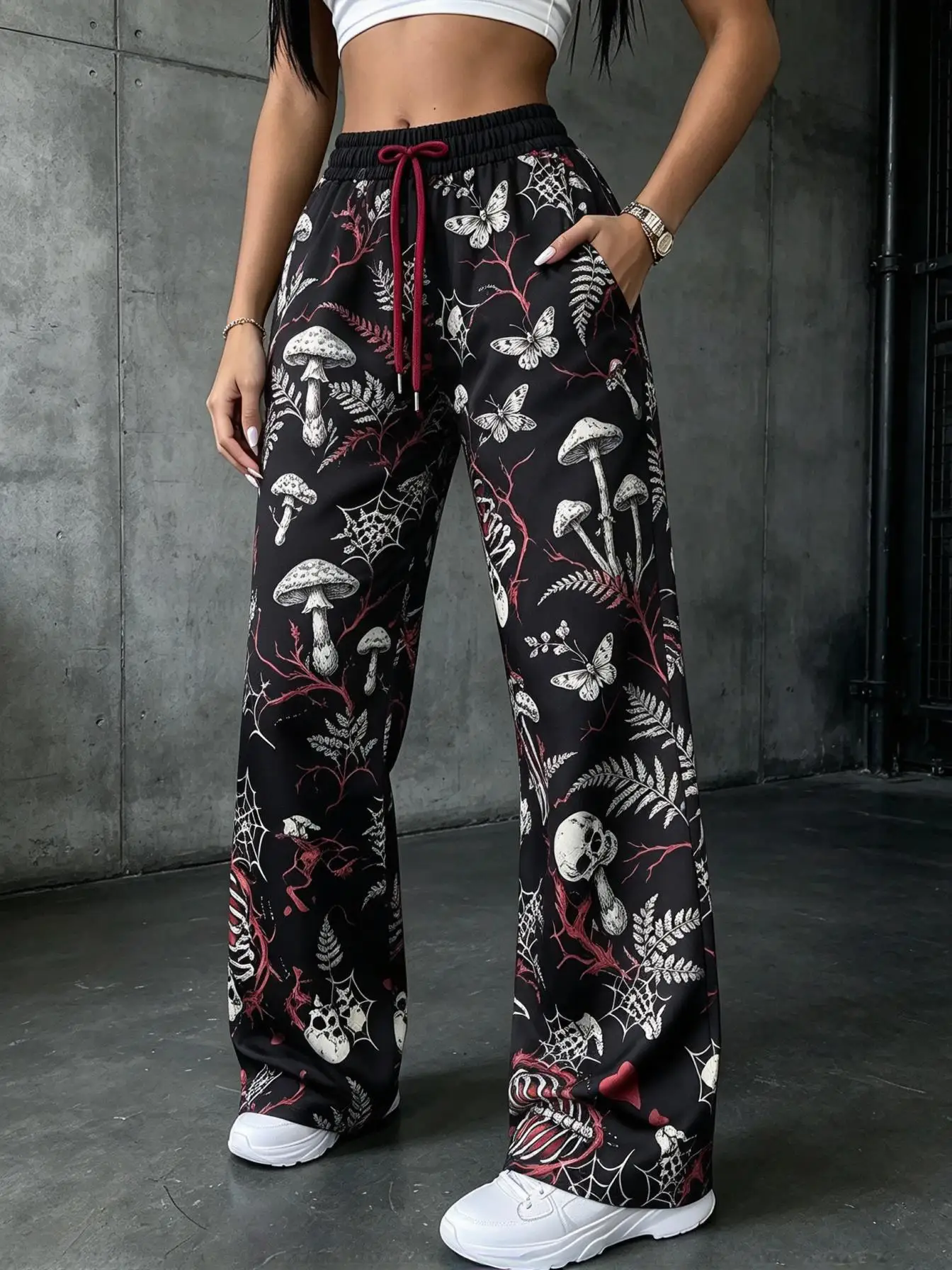 Women Halloween Skull Mushroom Print Wide Leg Pants Elastic Drawstring Waist Gothic Trousers
