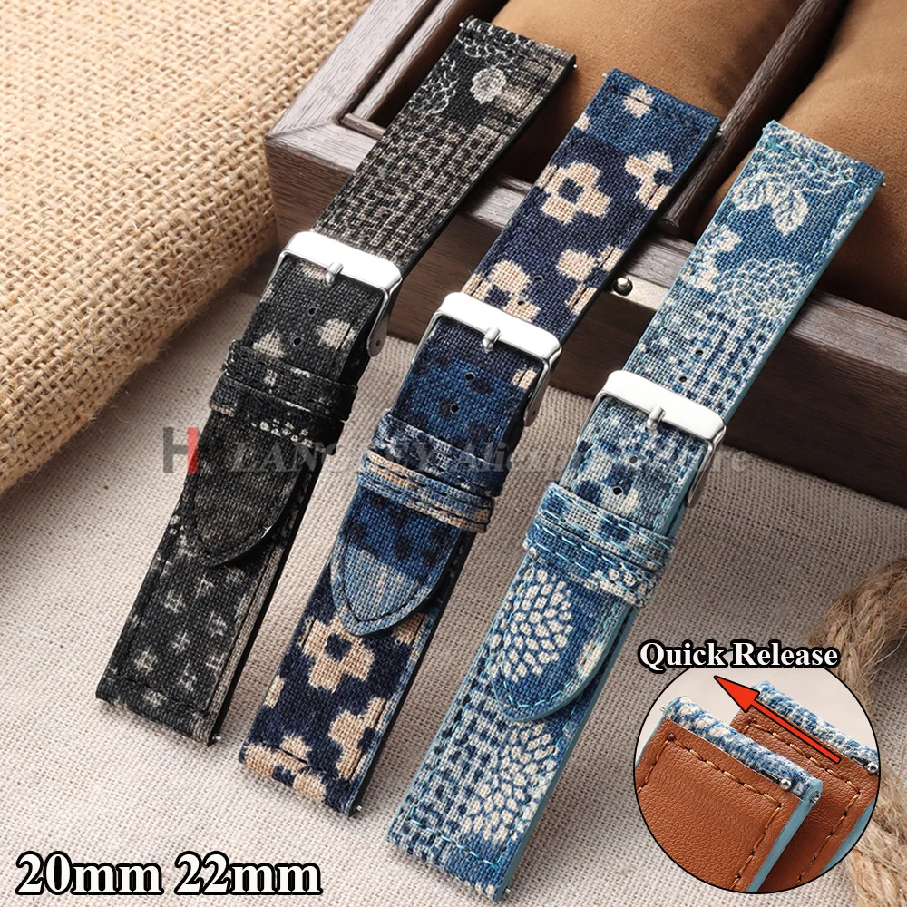20mm 22mm Cotton Linen Leather Watch Strap Quick Release Watchband Blue Bracelet for Men Women Accessories Printed Pattern Belt