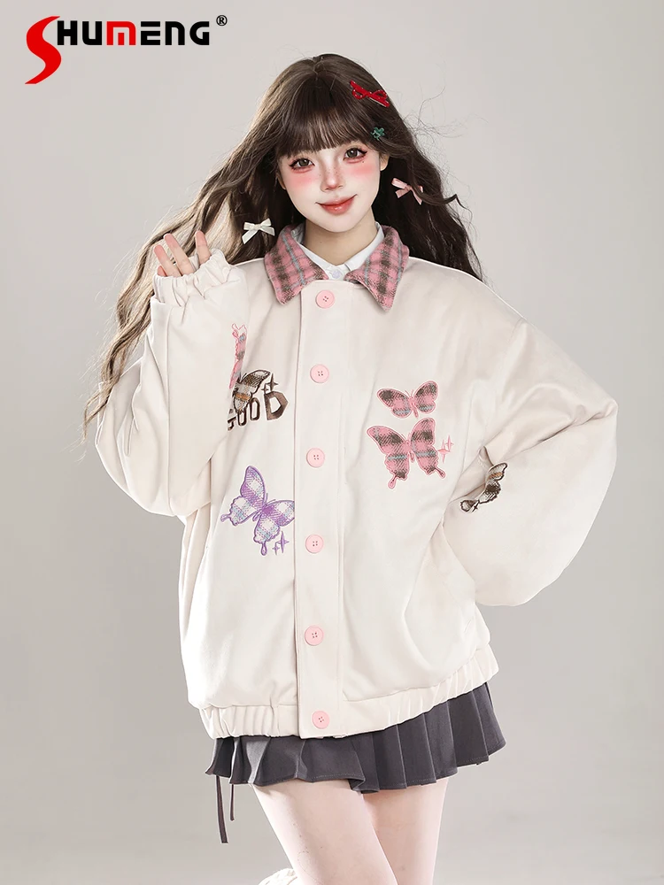 Japanese Sweet Cool Butterfly Embroidery Plaid Splicing Lapel Long Sleeve Baseball Jacket Loose Casual Thick Padded Coats Women