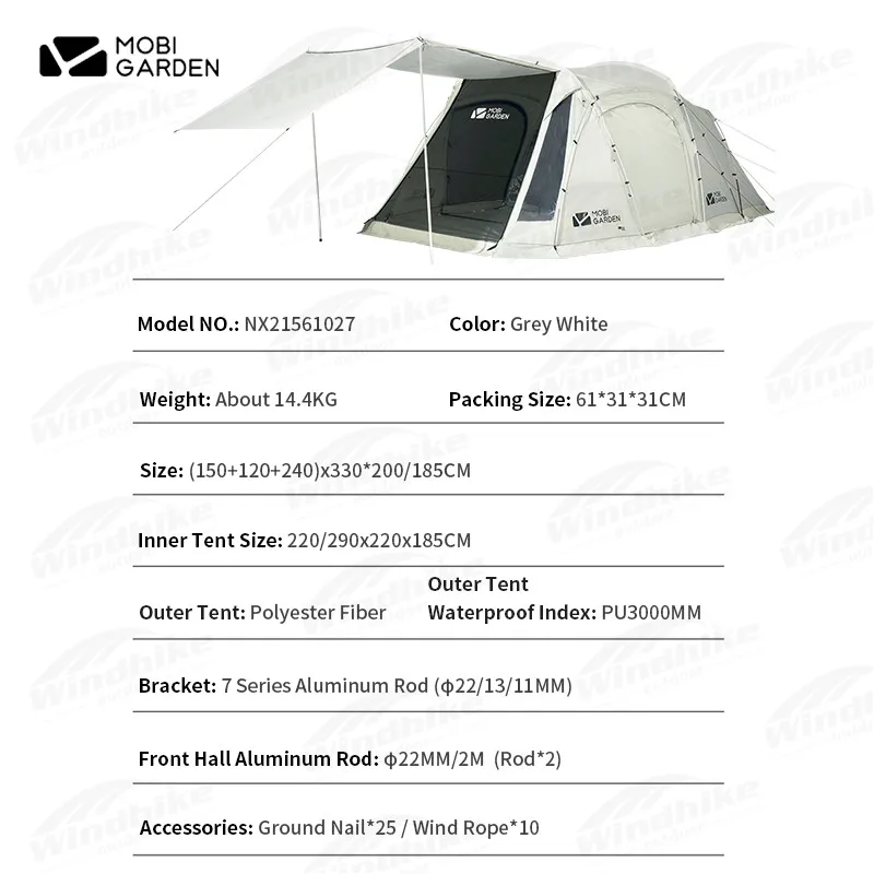 MOBI GARDEN Camping Tent 3-4 Person 150D Oxford Cloth Tent 1 Room 1 Hall Large Space Tent Outdoor Waterproof With Sunscreen Tent