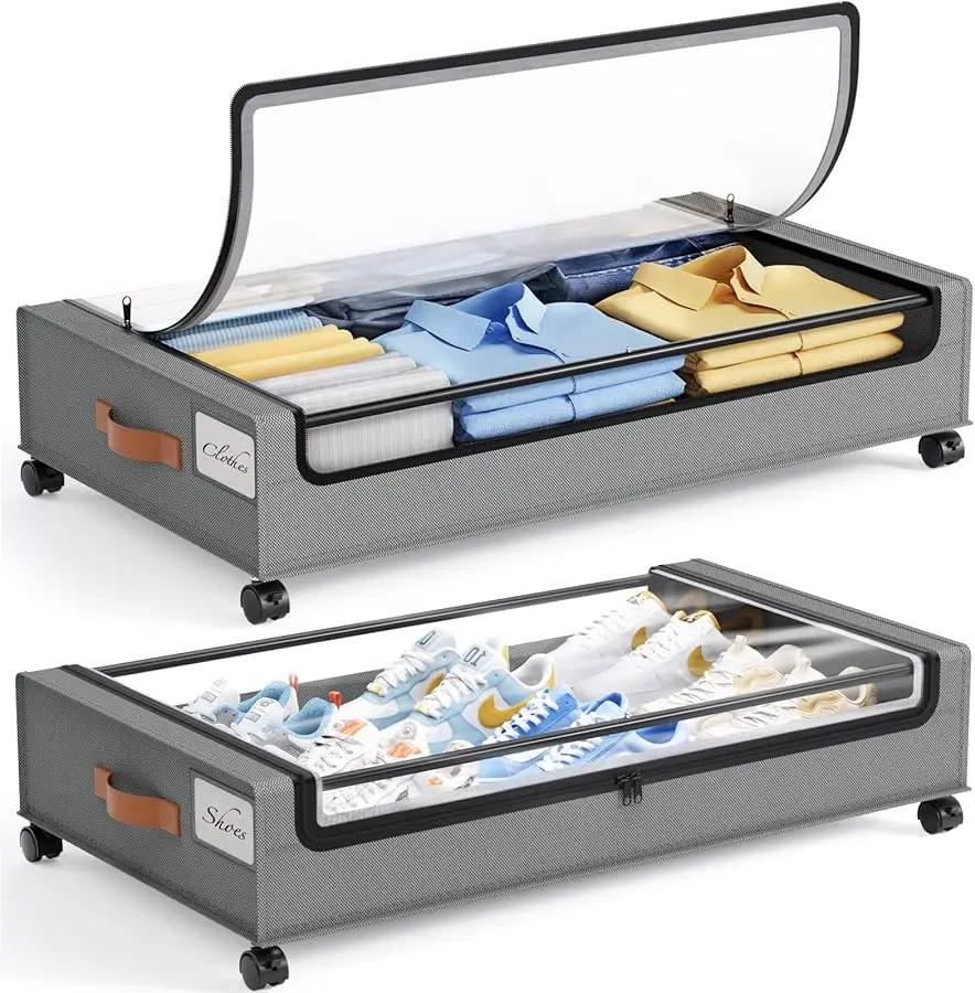 

Under Bed Storage with Wheels, 2 Pack Under Bed Storage Containers, Large Under Bed Rolling Storage with Clear Window & Label, B
