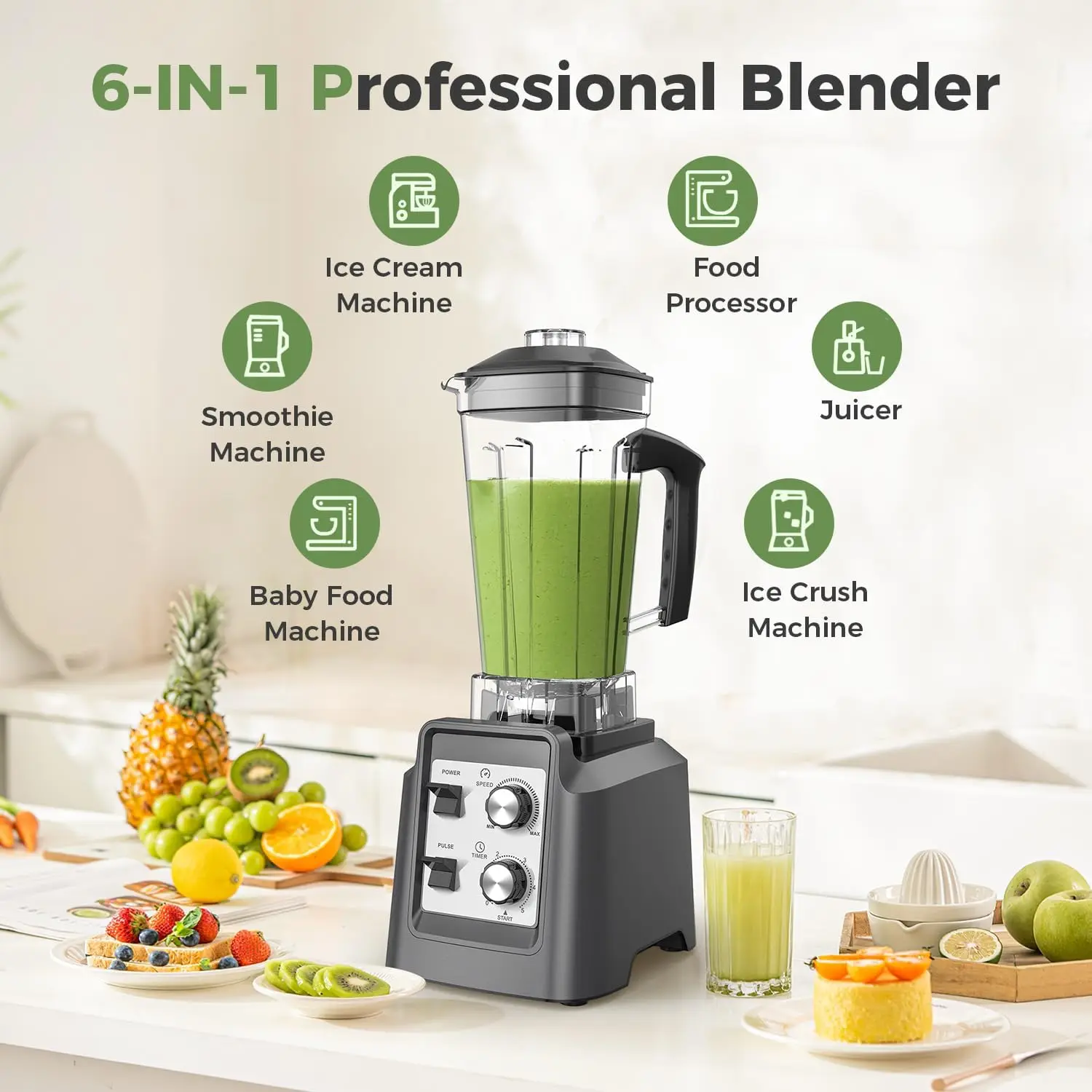 Blenders for Kitchen, Smoothie Blender - 1800W Professional Countertop Blender with 68oz Dishwasher-Safe Pitcher, Ice Crusher fo