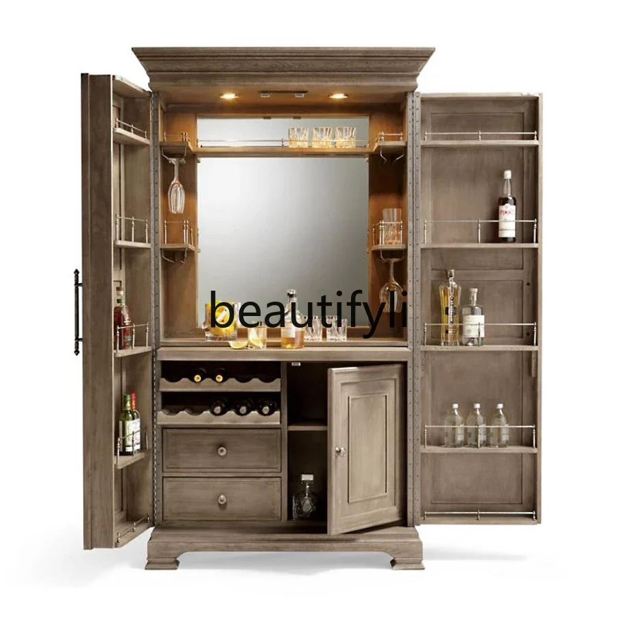 

French retro, American solid wood side cabinet, kitchen utensils storage cabinet against the wall, wine utensils storage locker1