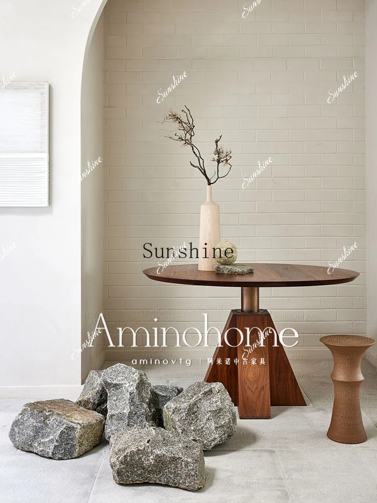 

Medieval style solid wood small apartment household round dining table minimalist dining table wabi-sabi wind FT