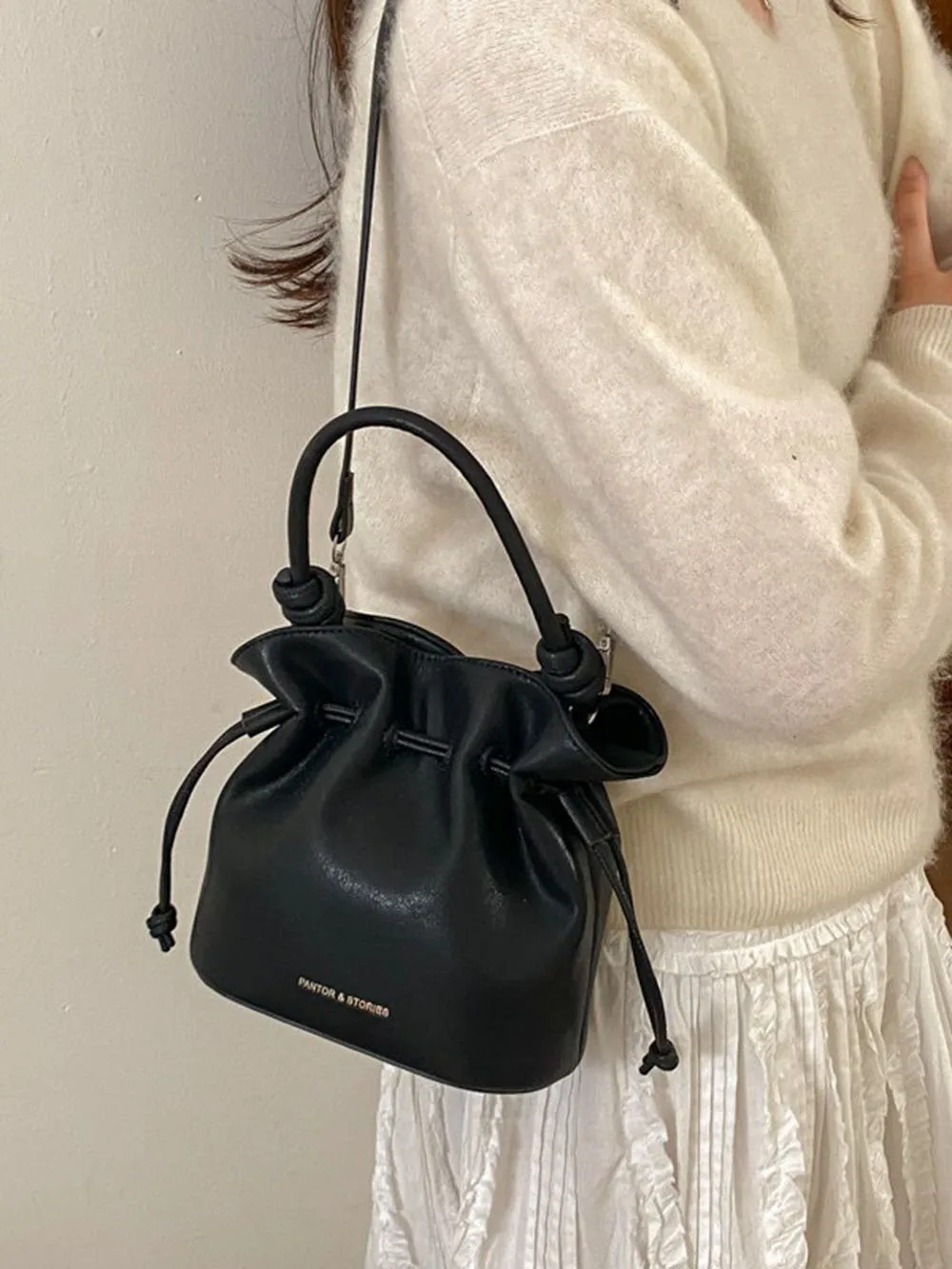 Drawstring Design Solid Color PU Leather Womens Crossbody Bag Glossy Womens Shoulder Bag Casual Style Fashion Underarm Bag