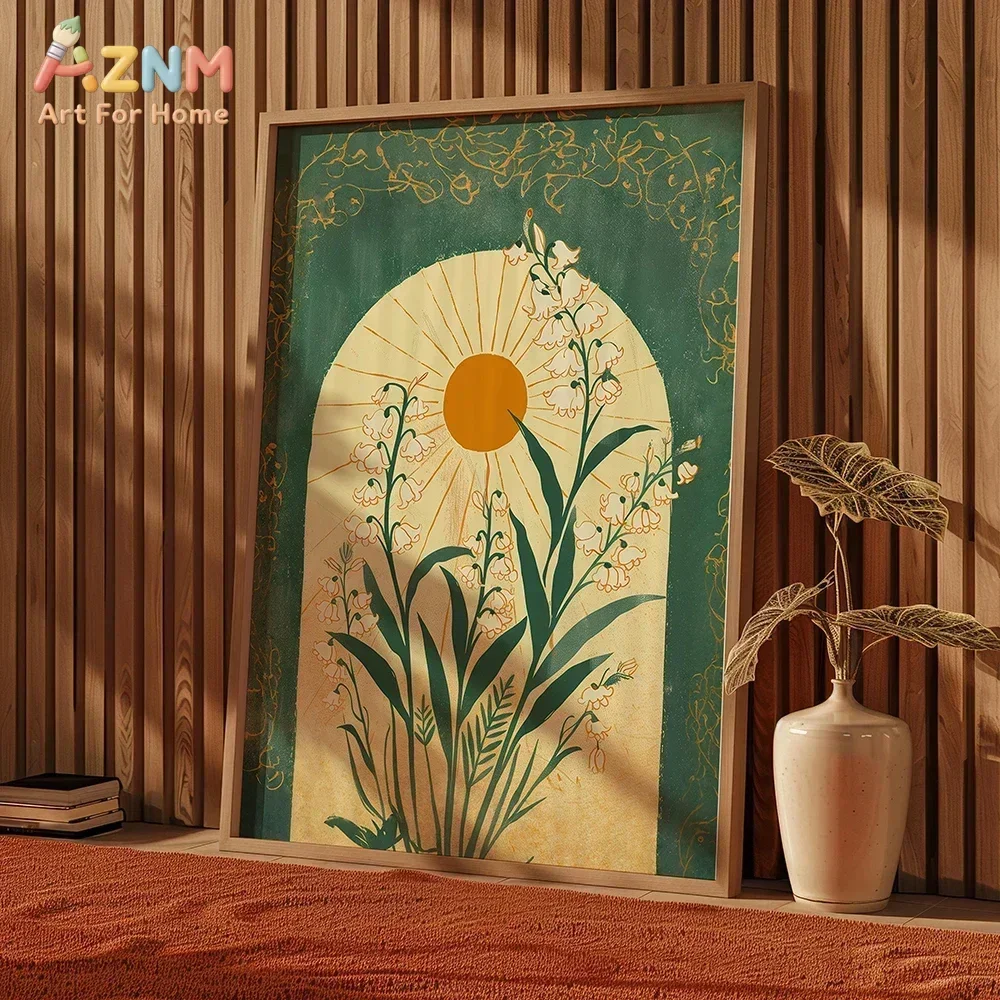 AZNM Retro Lily of the Valley Sun Canvas Wall Art, Boho Botanical Floral Vintage Illustration Print, Unframed Canvas Painting fo