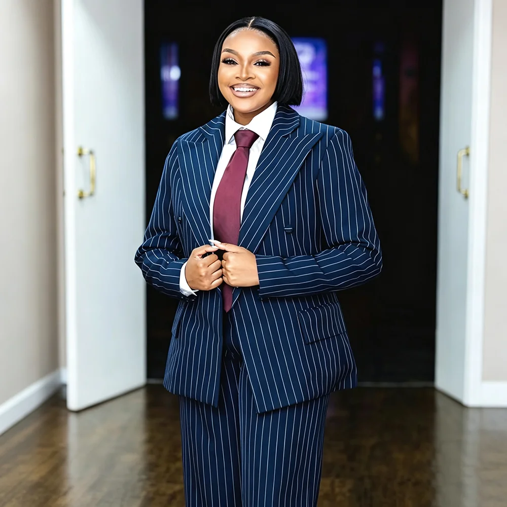 Fashion Stripe Women's Suits Double Breasted 2 Piece Set Jacket Wide Leg Pants Female Clothing Smart Office Lady Chic Outfits