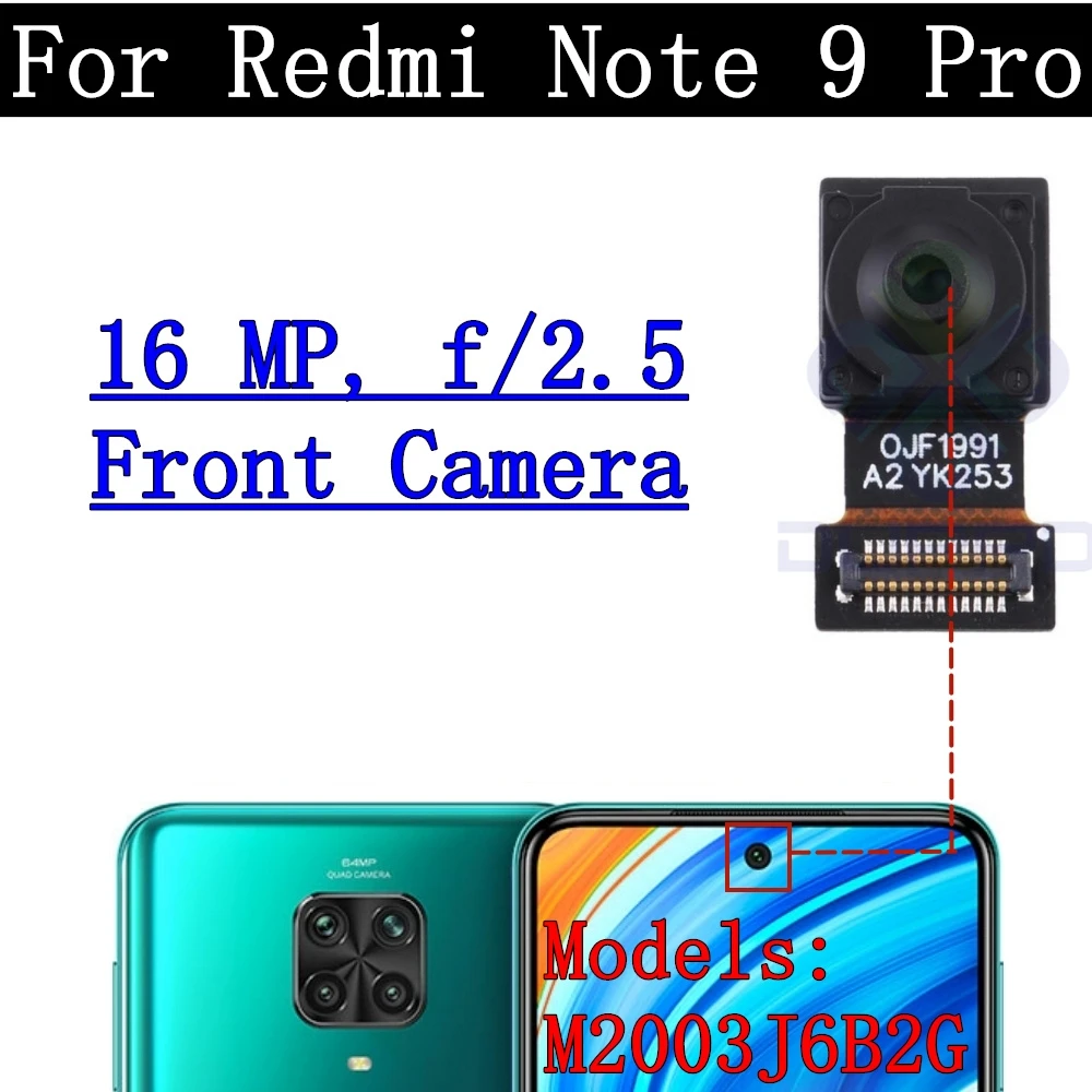 Lente de câmera frontal e traseira para Xiaomi Redmi Note 9 Pro, Módulo de câmera frontal pequeno, Peças sobressalentes Selfie, M2003J6B2G