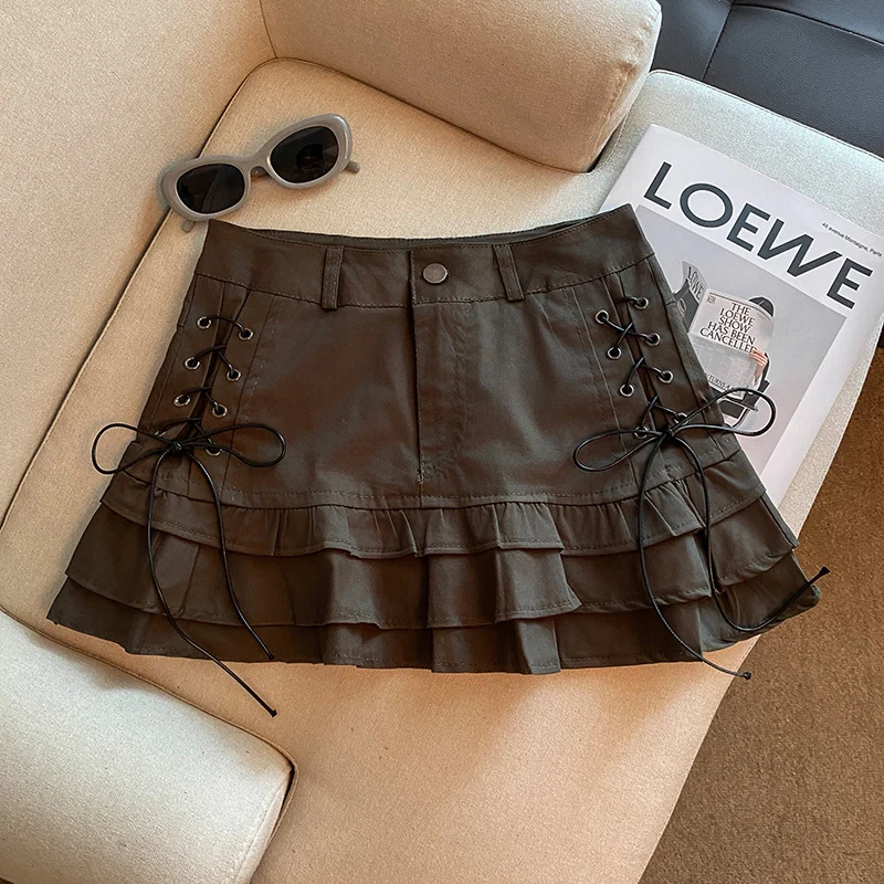 Vintage Streetwear Mini Skirt Women Summer Hottie Bandage Slim Fit Ruffles Skirts Y2K Harajuku High Waist A Line Retro Skirt New