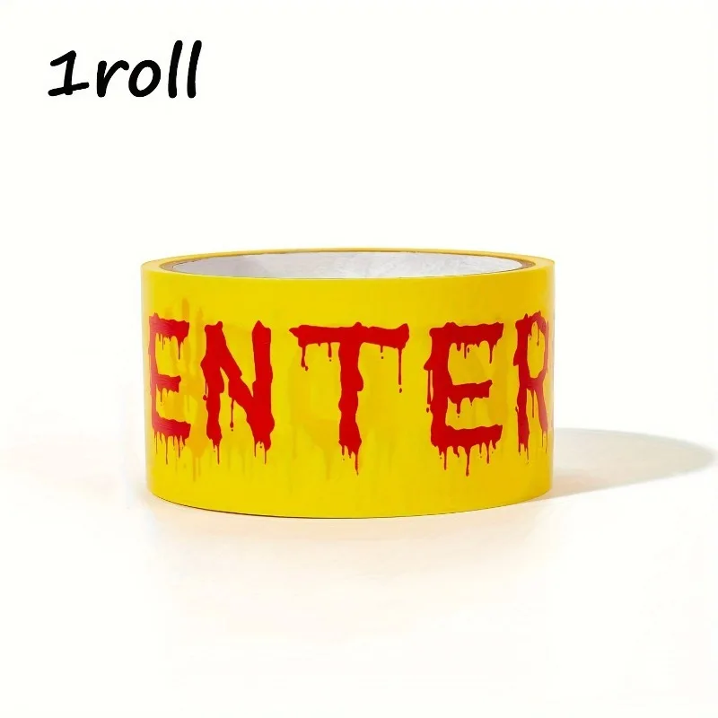 血まみれの手形付きハロウィン注意テープ - ホラーテーマのパーティーの装飾、バリア用の24.99メートルのプラスチック警告リボン