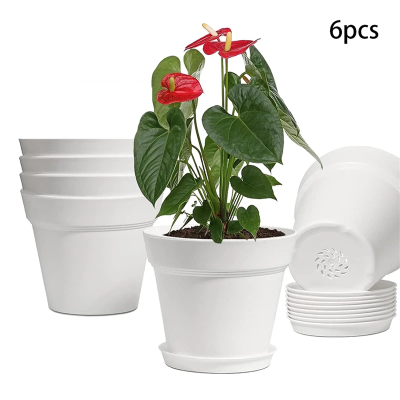 

6 упаковок 7-дюймовых пластиковых горшков с несколькими дренажными отверстиями и подносом — горшки для растений для всех домашних садовых цветов, суккулентов