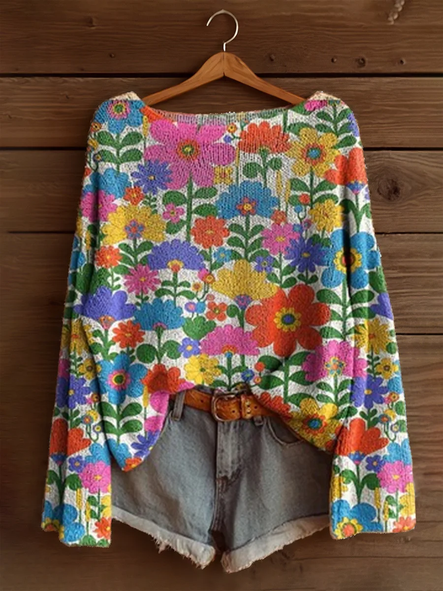 

Повседневные вязаные свитера с цветочным принтом для женщин, модный пуловер, свободный свитер с длинными рукавами, модные уличные джемперы, топы