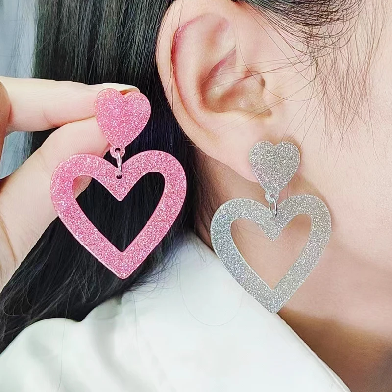 Hollow Out Heart-Shaped Shiny Acrylic Pink Red Blue Gray Dangle Earrings Bohemian Style Simple Romantic Valentine's Day Gift