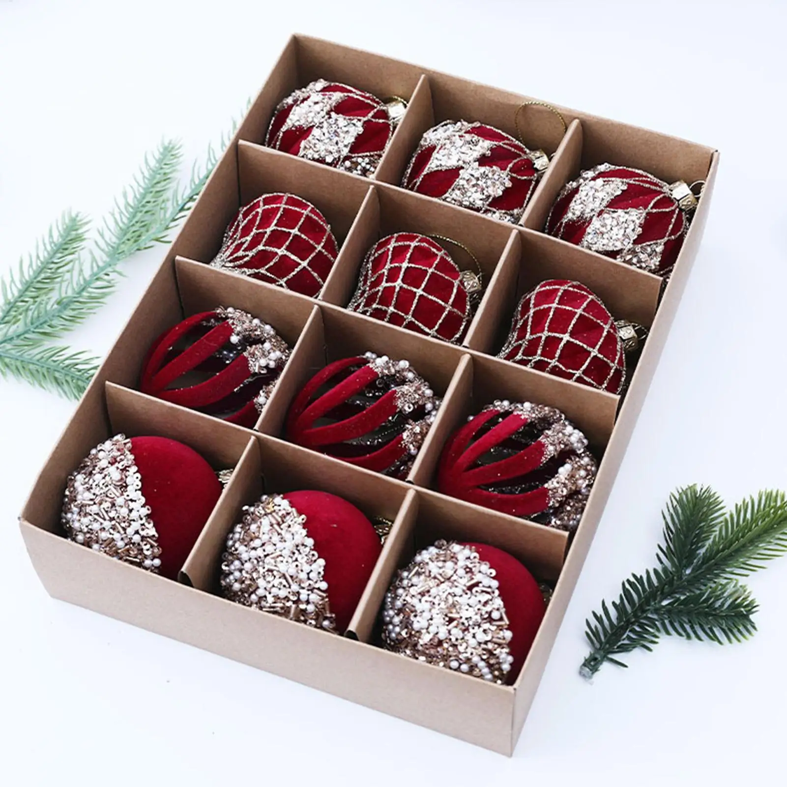 Glitzernde beflockte Weihnachtskugel-Ornamente, 12 Stück, Strass-Dekorationen für Weihnachtsbaum für Zuhause, Hochzeit, Party, Kamin