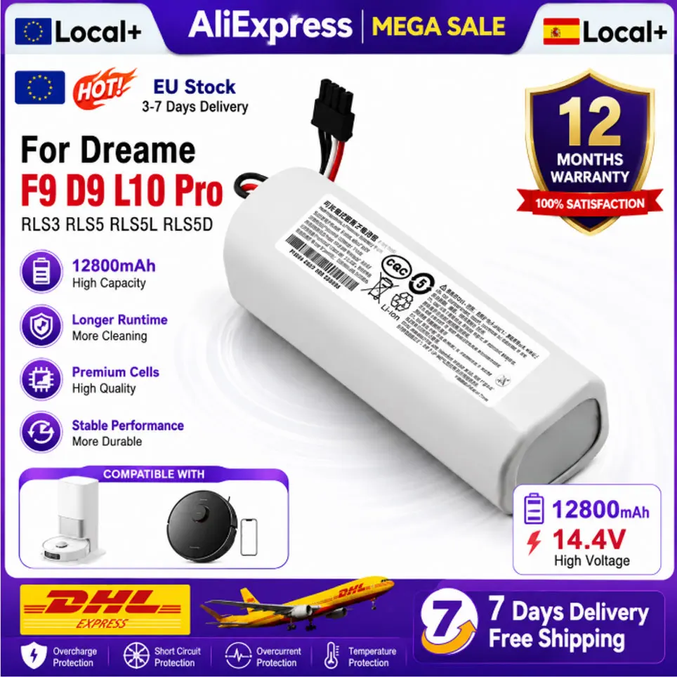 EU-Lager Hochkapazitäts-12800mAh 14,4V Li-Ionen-Ersatzakku Kompatibel mit Dreame D9 Pro D9 MAX D10s L10s Ultra Roboter-Staubsauger-Wischgerät Ersatzteile