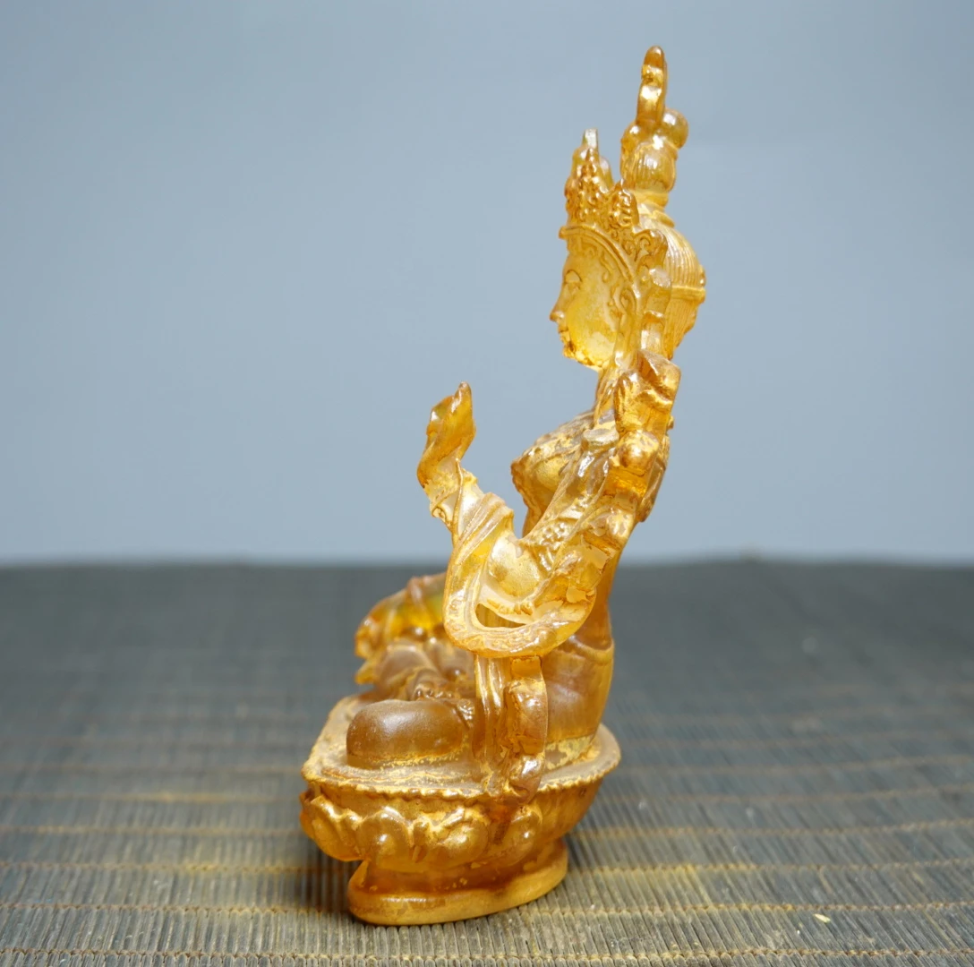 China Ancient Colored Glaze Golden Liuli Crystal Green Tara Buddha Statue Fengshui Home Decor Decoration Accessories Living Room view 3