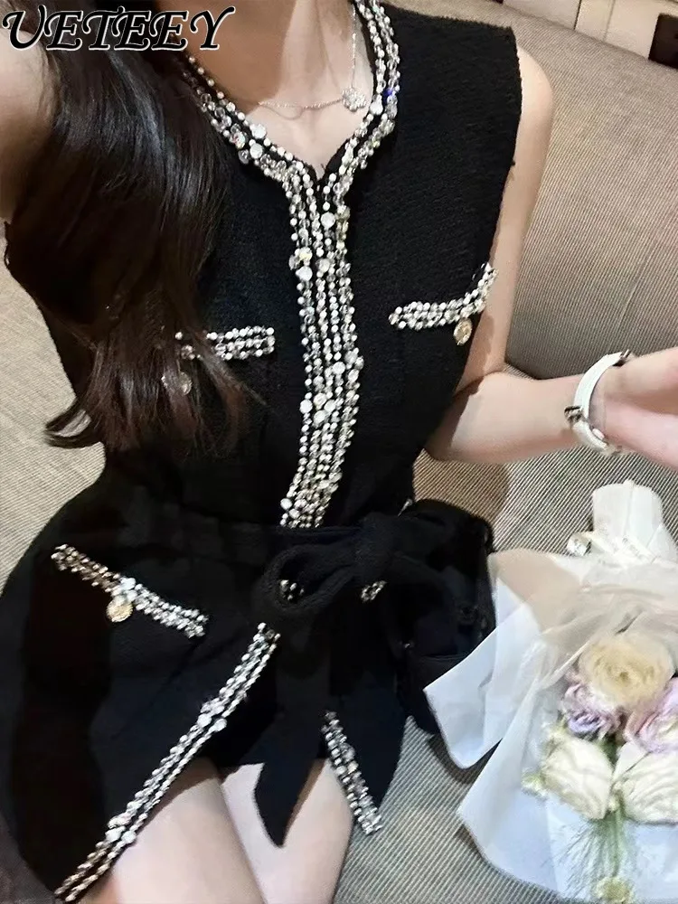 French Style Rhinestone Cinched Sleeveless Lace-up Vest Dress Female Summer New Exquisite Rhinestone Temperament Waistcoat