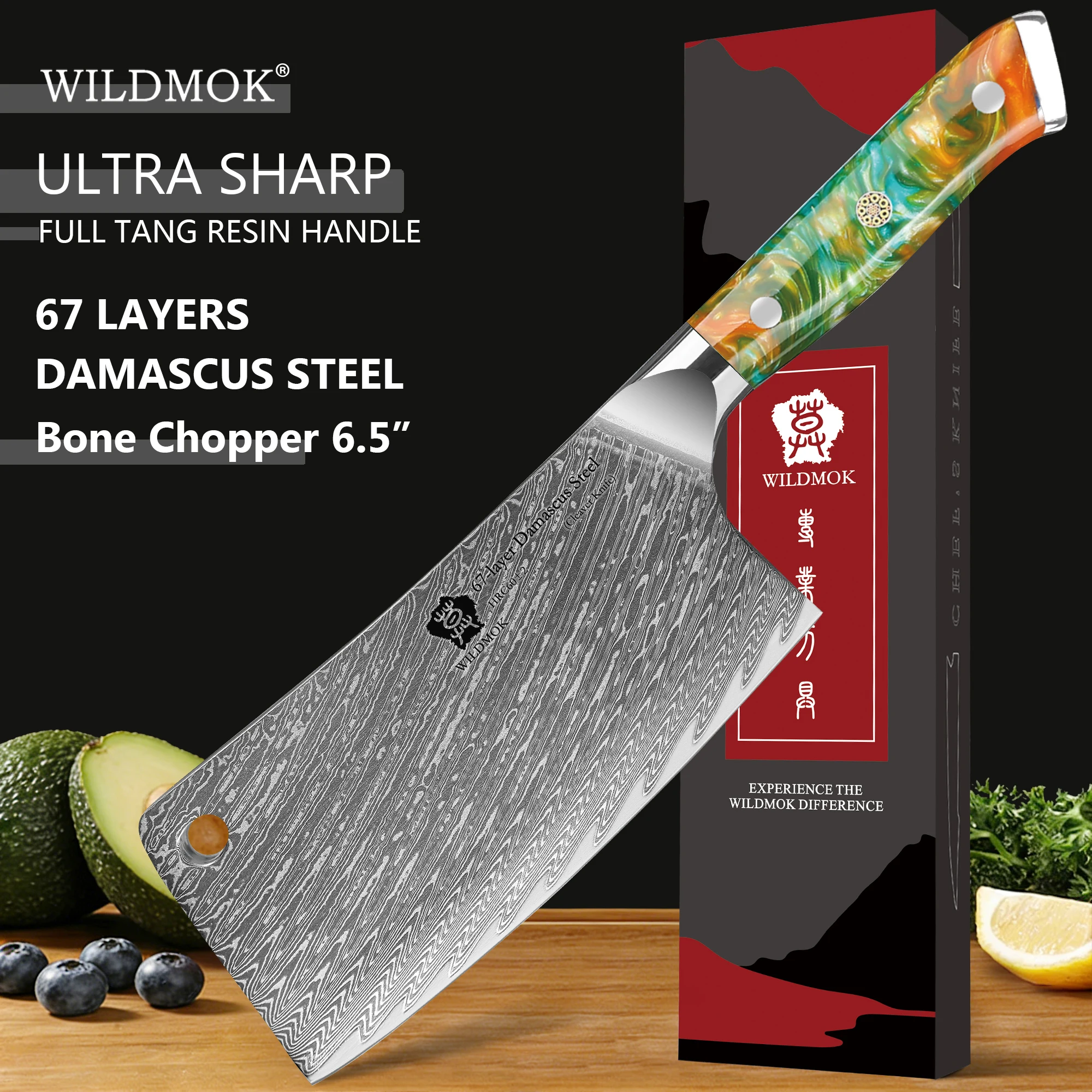 WILDMOK 6.5 Inch 67 Layer Damascus VG10 Bone Chopper Knife , Heavy Duty for Home & Restaurant, Orange Resin Handle, Ideal Gift
