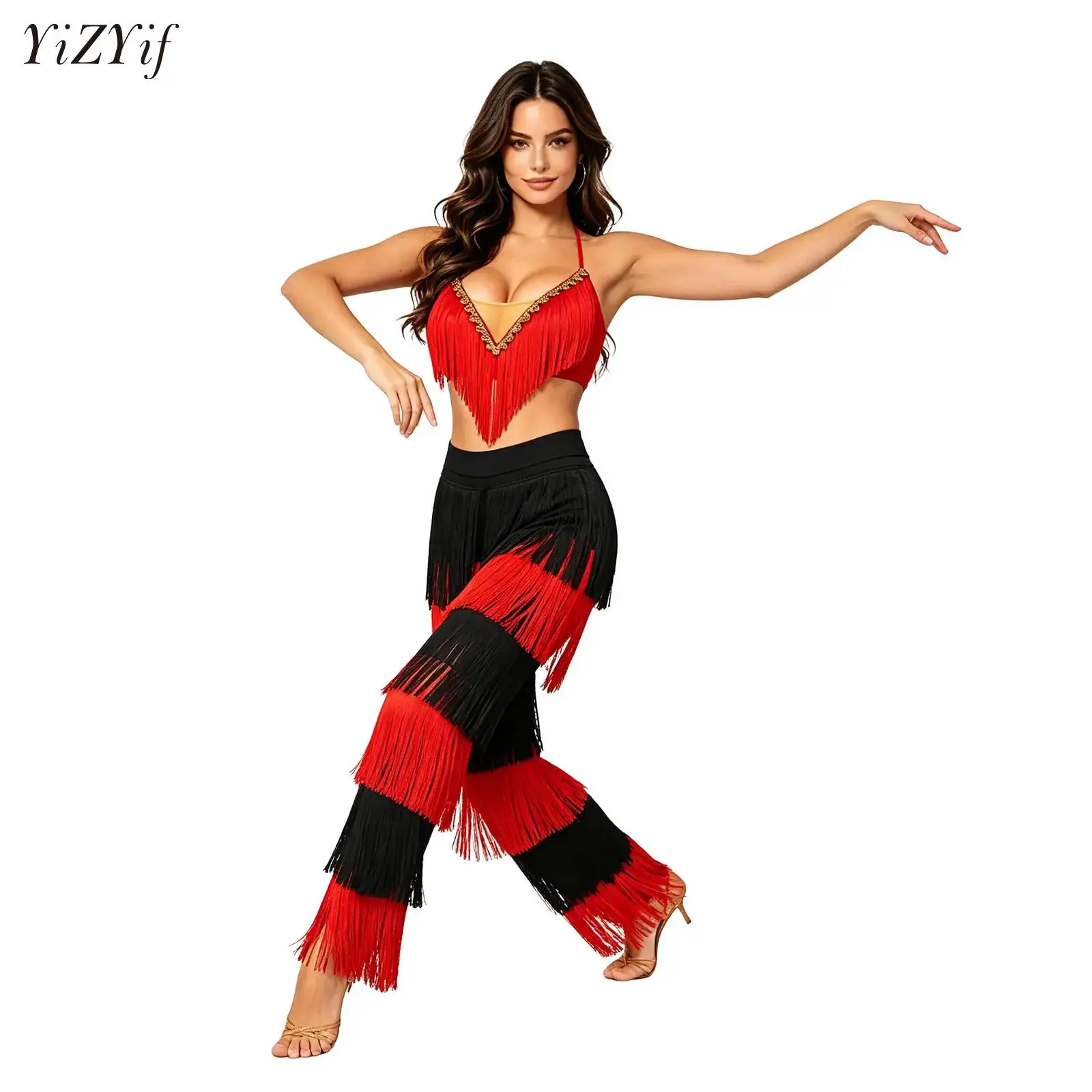 

Latin Dance Dresses For Women Ballroom Fringe Tassel Dress Crop Top And Pants Sequin Fringe Salsa Samba Costume Adults Female
