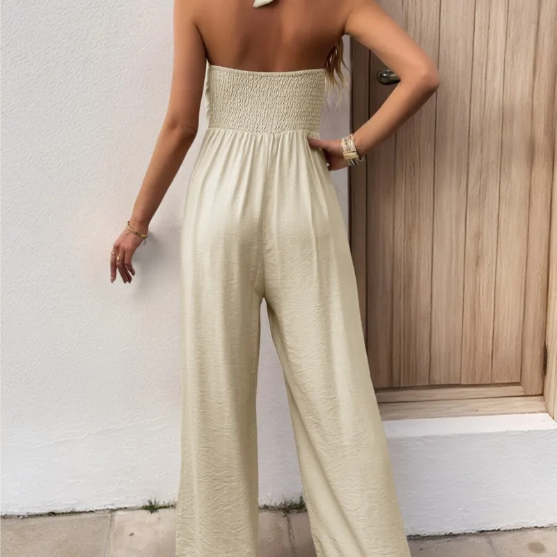 여름용 여성용 점프 슈트 솔리드 컬러 민소매 V 넥 오버올 여성용 레이스 업 백리스 원피스 와이드 레그 팬츠 패션 세트