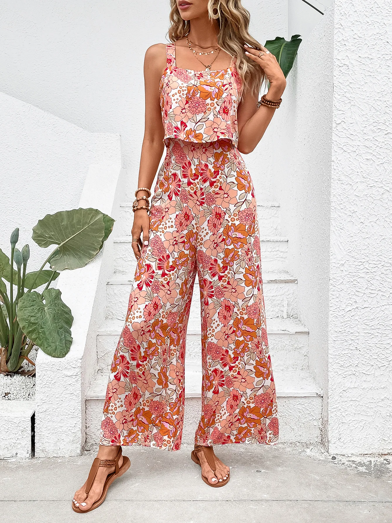

Beach Print Square Ne Bal Jumpsuit Wide Leg Pants Women's Summer Faion High Waist Polyester Tank Top Outfit