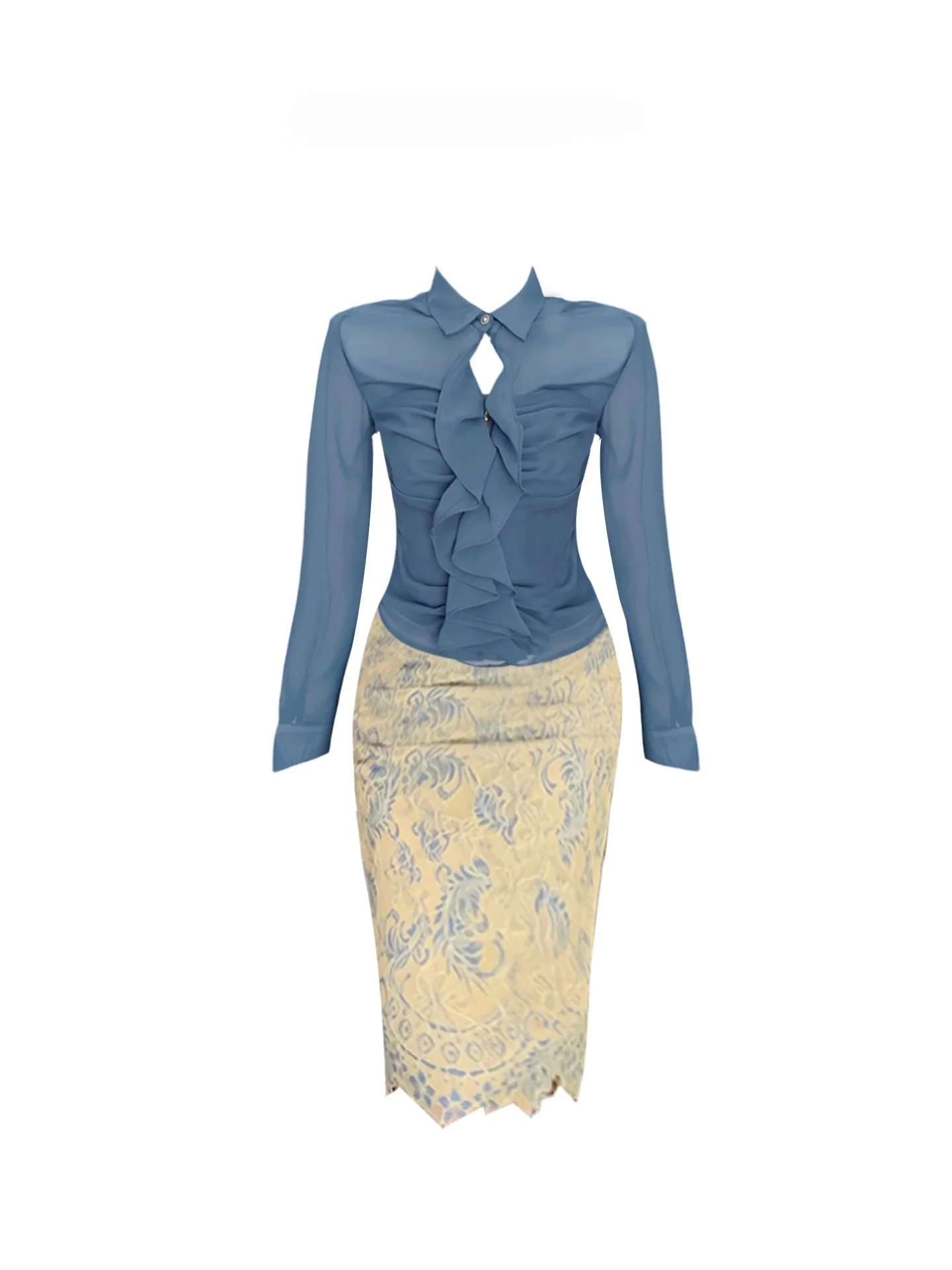 

HEZA Blue Lace Trim irt Top Women Summer Sexy Pure Desire Lace Wrap Skirt Set Slim Fit High Waist Long Sve V Ne Casual