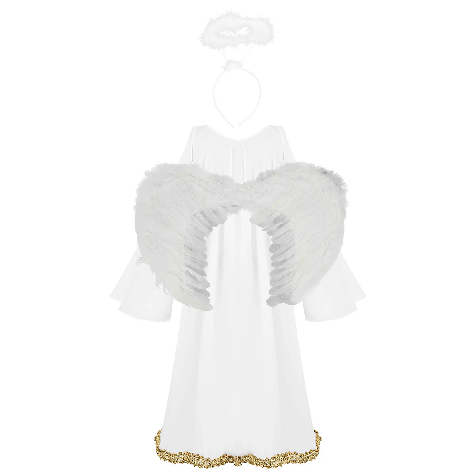 Children Girls Halloween Angel Cosplay Performance Costume Church Choir Worship Gown Long Sleeve Dress with Wings Headband Set image 3