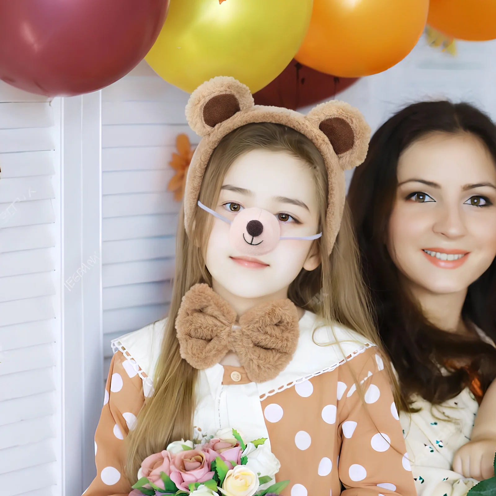 

1Set Soft Bear Costume Accessory Kit Including Ear Headband Nose Tail Bowtie for Adults Women Dress Up Games Play