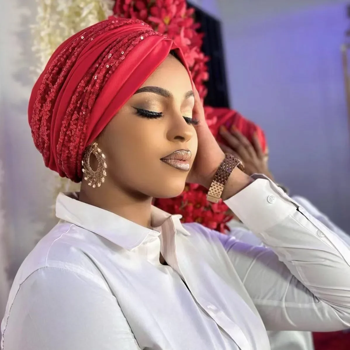 

Indian Turban Pleated Sequin Hat for Women Muslim Hijab Headscarf Bonnet African Auto Gele Headties Nigerian Head Wrap Chemo Cap
