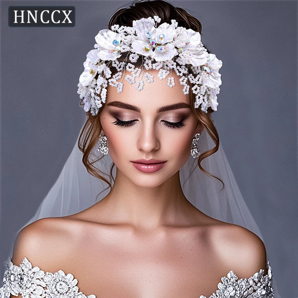 HNCCX Handmade Pearl Flower Headband Shell Crystal Bride's Headpiece Colorful Gemstone  Headband Bride's Party Headdress CP675