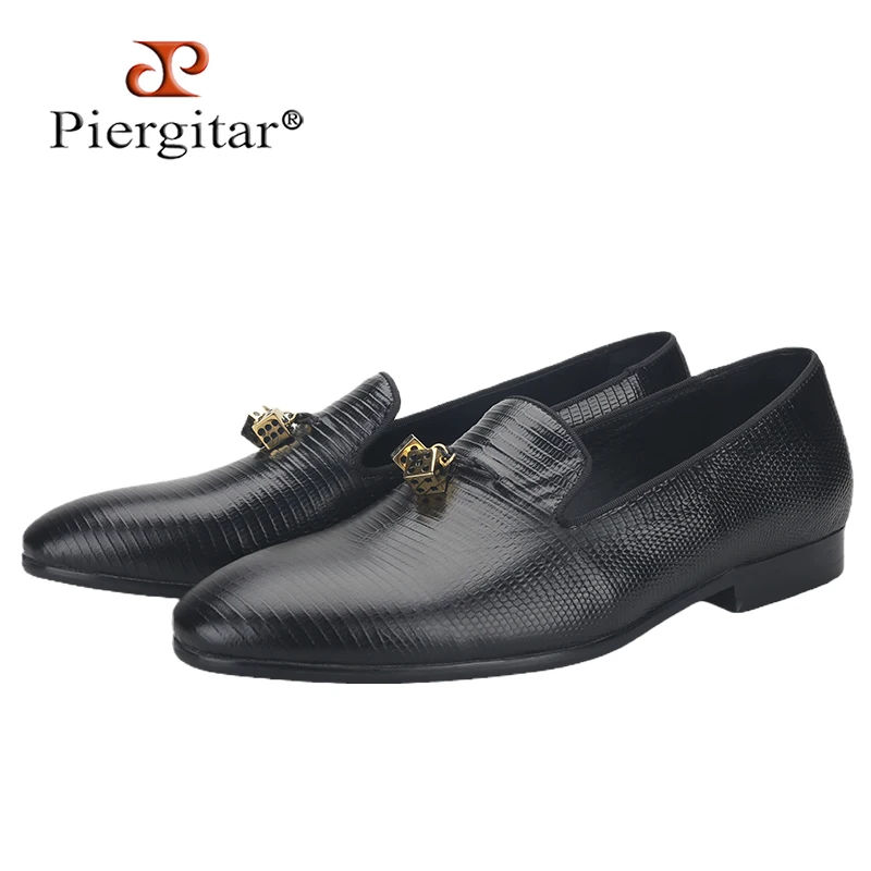 Piergitar Black Lizard Embossed Leather Men's Loafers With Gold Titanium Steel Dice Buckles GZ Same Design Slip-On Moccasins
