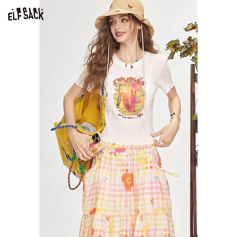 ELFSACK 2025 Summer New Arrivals Printed Short Sleeve T-Shirt For Women