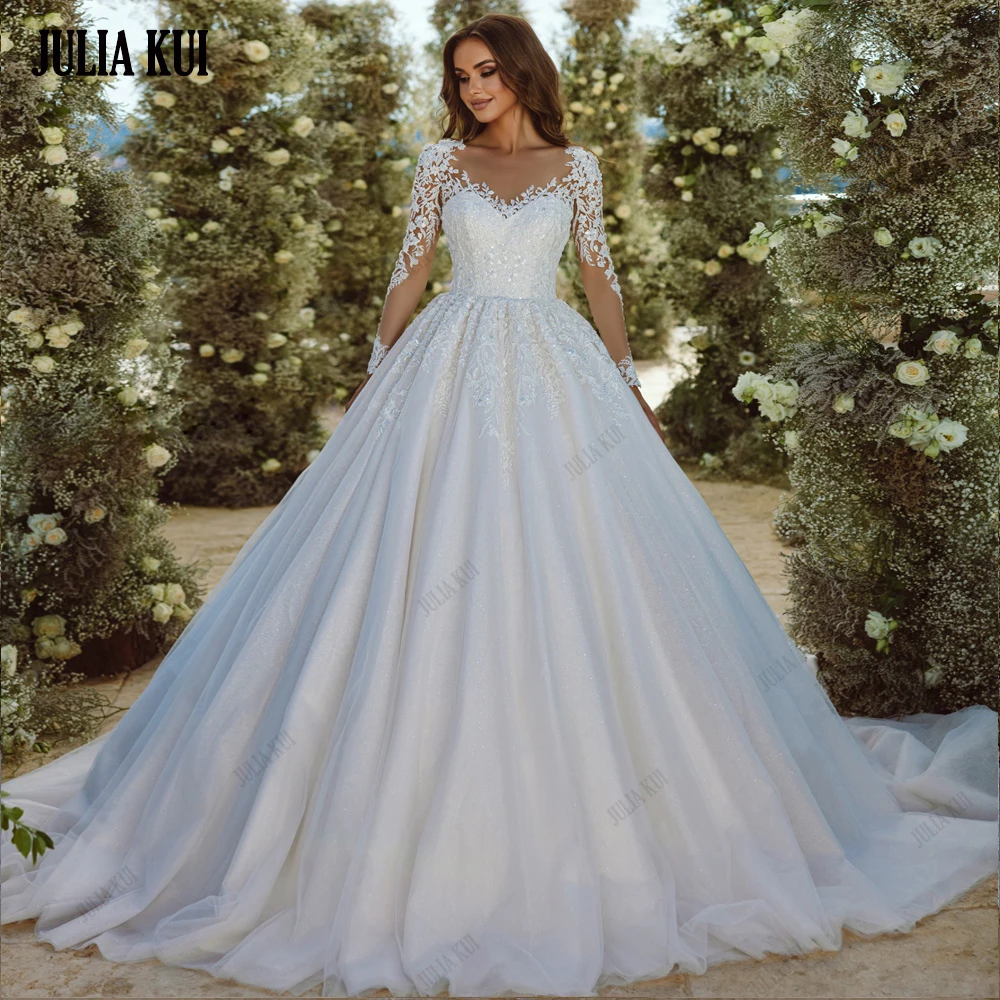 

Julia Kui Gorgeous Sparkle Lace Full Sleeves V-Neck Wedding Dresses Beading Appliques A-Line Bride Gowns