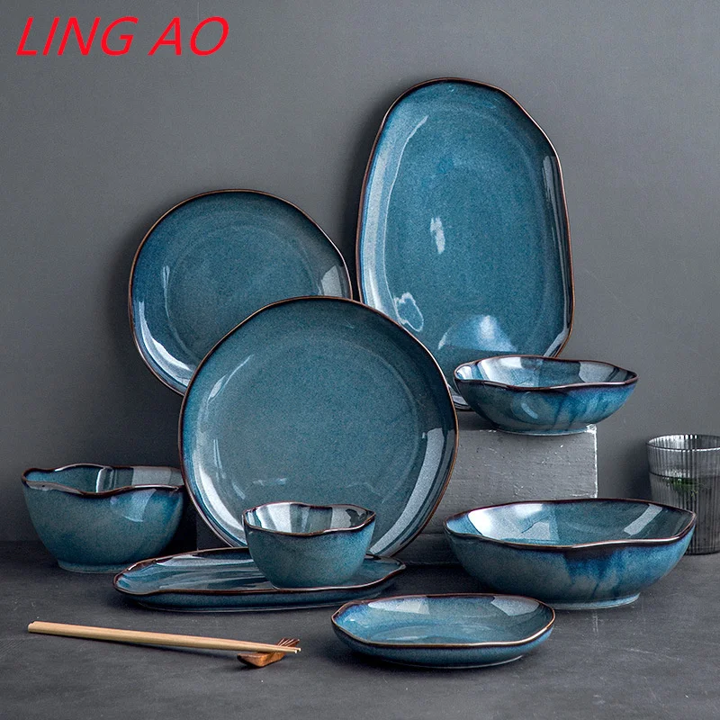 LingAo Japanese Kiln Ceramic Bowl, Plate, Soup Bowl, Home Set