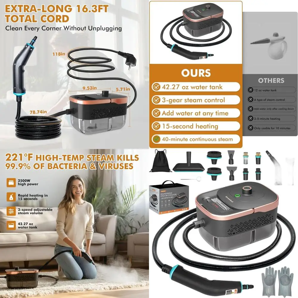 

Портативный пароочиститель мощностью 2500 Вт с 15 насадками для дома, автомобиля и мебели — нагревается за 15 секунд