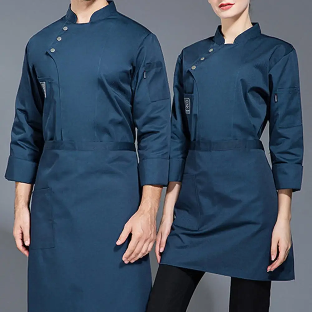 Uniformes de Chef profesionales para hombres y mujeres, Tops de Chef, ropa de restaurante con cuello levantado elegante con bolsillos para comida