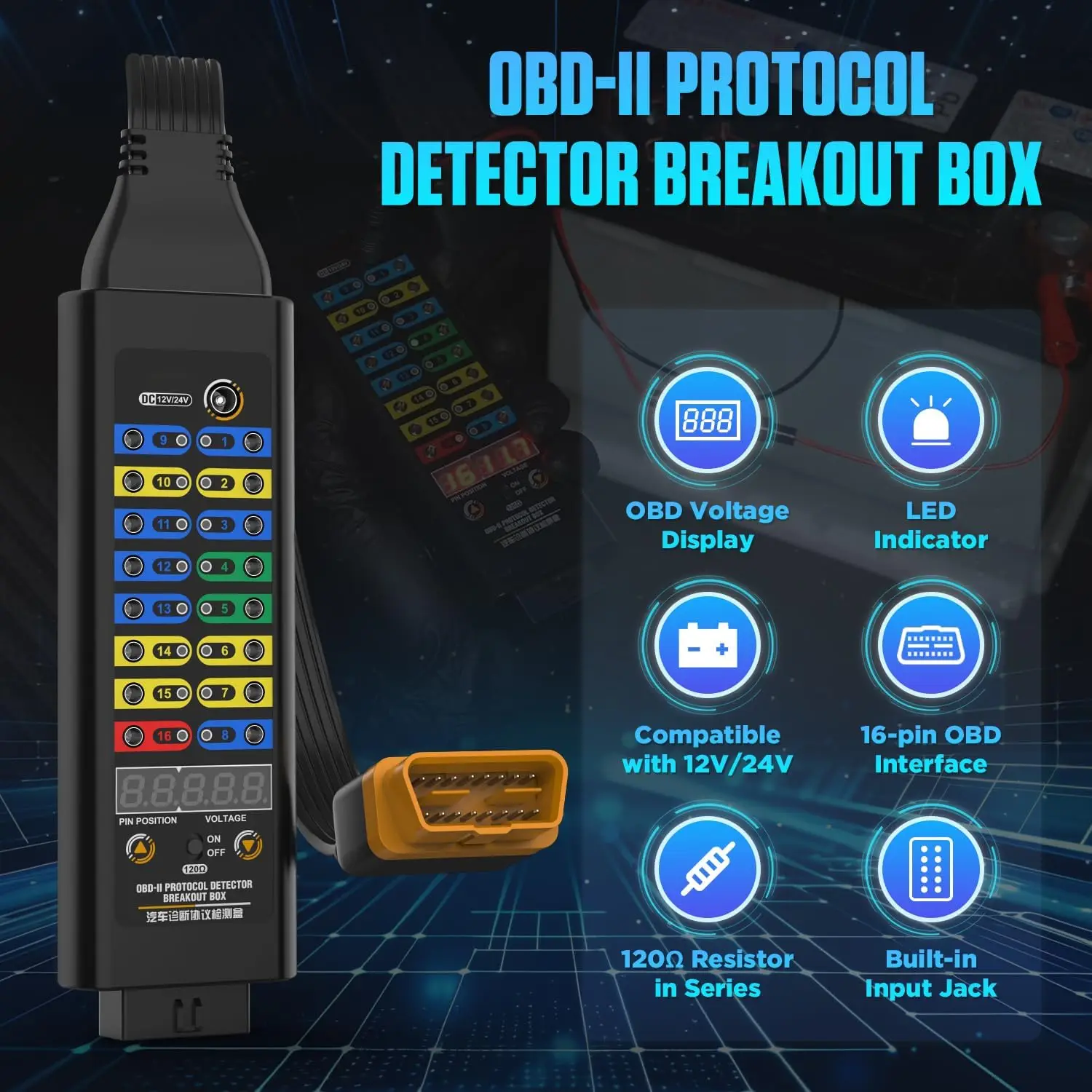 OBD2 Breakout Box, OBDII Protocol Detector 16-Pin, 120Ω CAN Resistor, 4mm Banana Jack Jumper for ECU Testing, Power