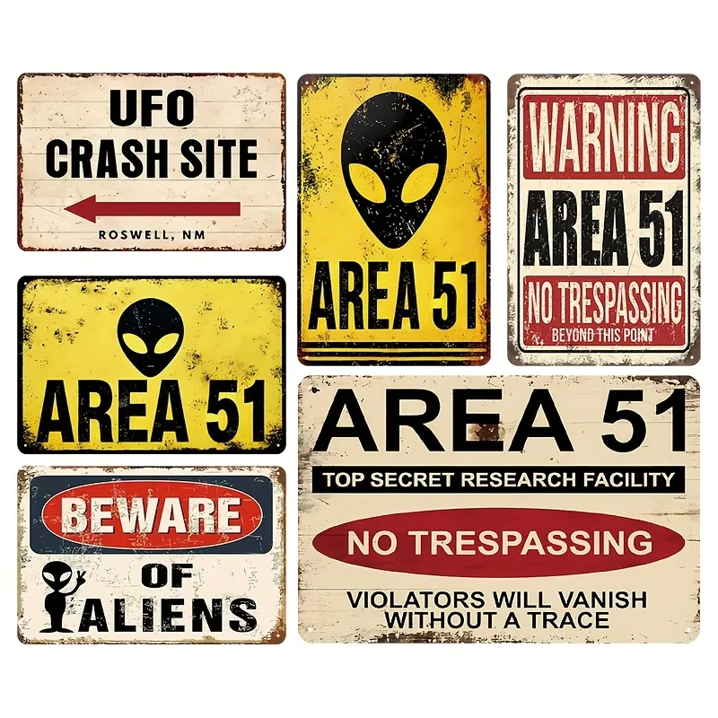 

6 шт. Зона 51 Винтажные металлические жестяные таблички - Ретро-инопланетянин НЛО Предупреждающий настенный рисунок с юмористическим дизайном Розуэлла и надтоками, 8x12 дюймов