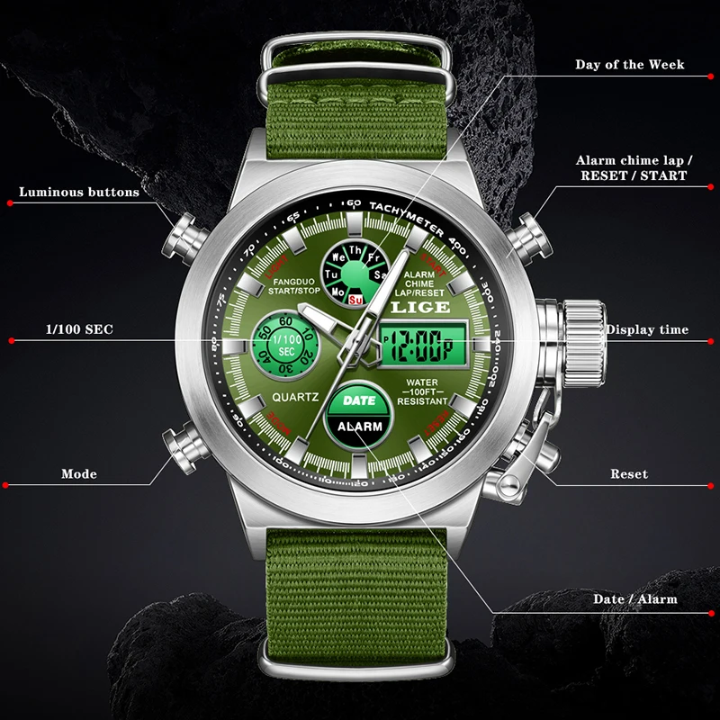 

LIGE Military Sports Watch For Men Fashion Nylon Strap Waterproof Luminous Quartz Men Watch LED Backlight Alarm Chronograph Male