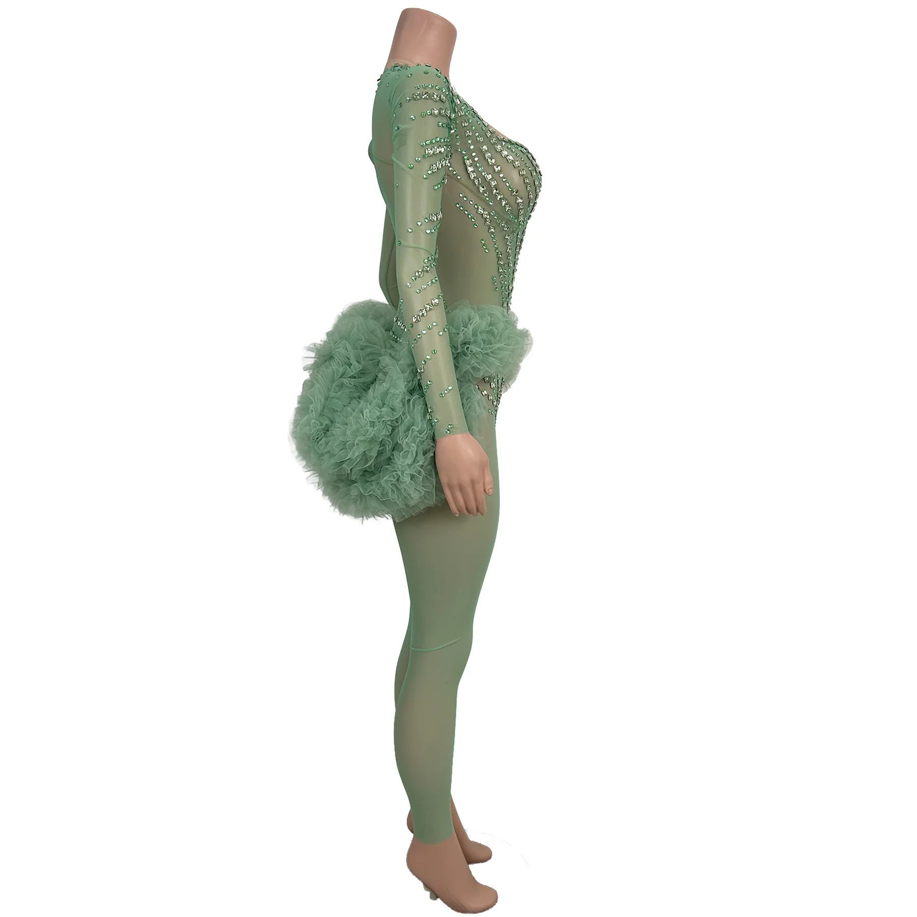 

Sexy Mint Green Crystal Tulle See Through Mesh Jumpsuit Women Long Sleeve Club Sparkly Stage Performance Dance Costume Zhusun