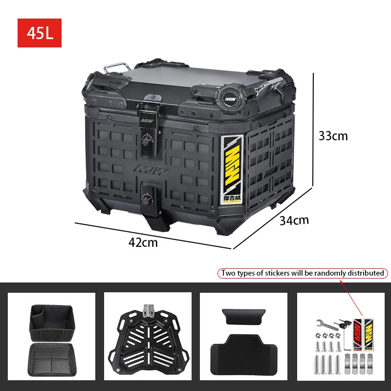 45L Motorcycle Luggage Waterproof Tail Box Scooter Trunk Storage Top Case Black Universal Motorcycle Trunk with Anti-theft Lock