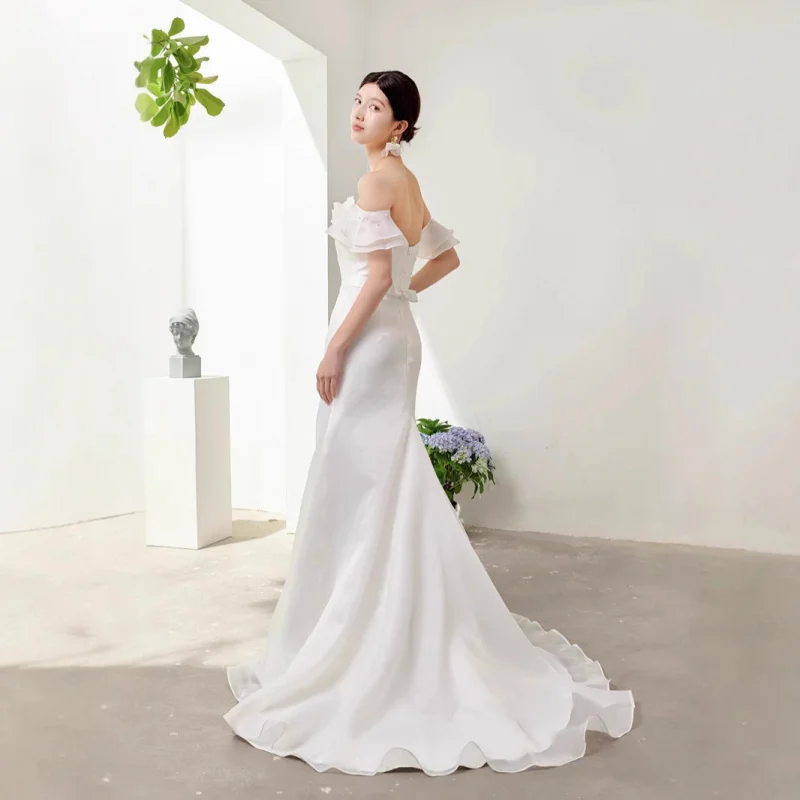 جديد النمط الفرنسي السفر التصوير خارج الكتف الأورجانزا بسيط أنيق العروس حورية البحر فستان الزفاف