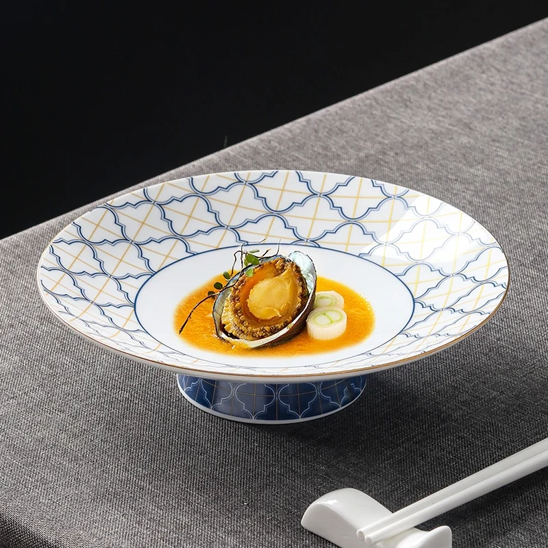 

Fashionable Chinese style ceramic high leg red blue checkered shallow soup plate creative fruit Dim sum plate special tableware